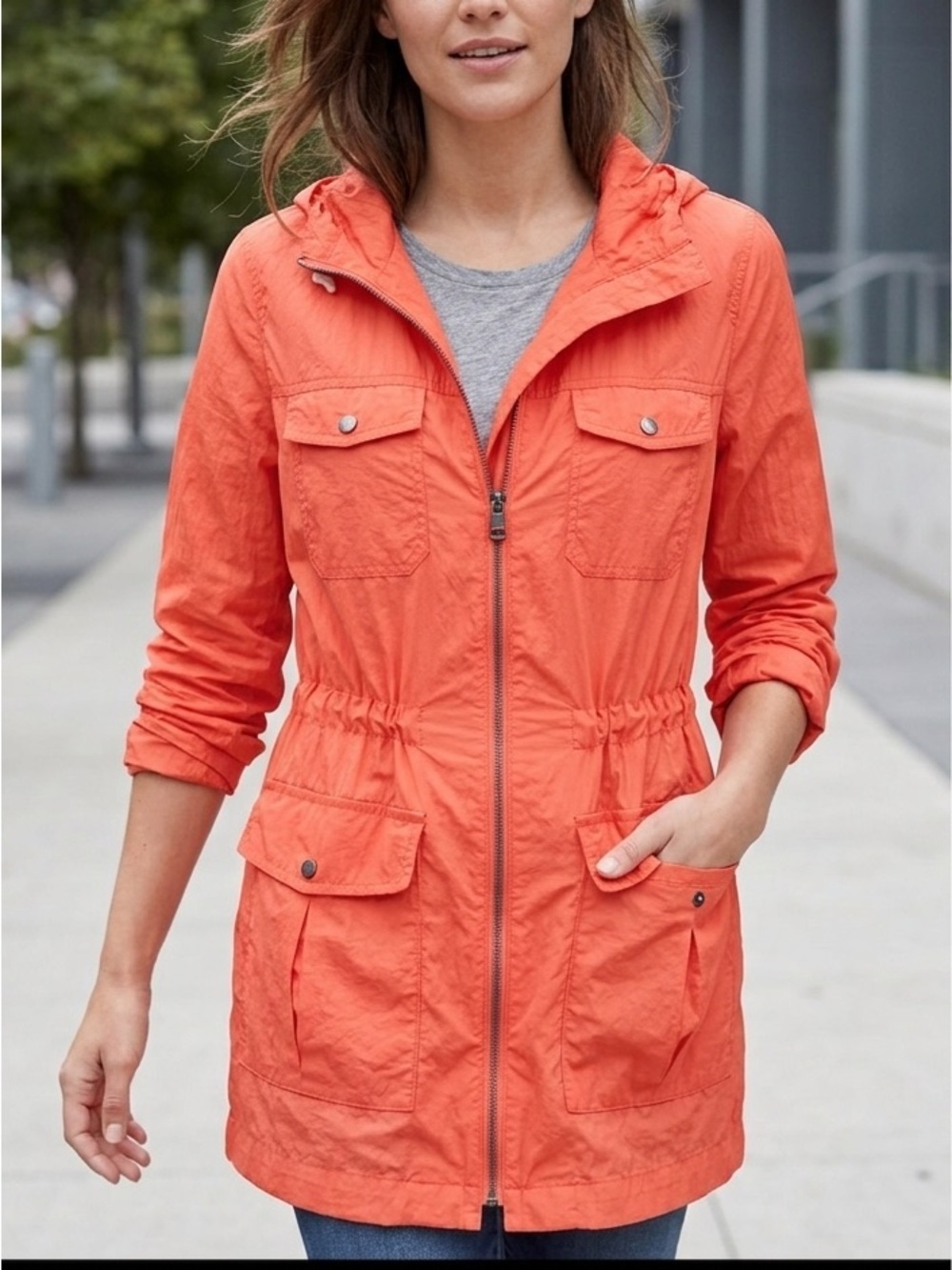 NEW GAP Coral Orange Nylon Rain Jacket Water Resistant Utility Anorak Parka Mid
